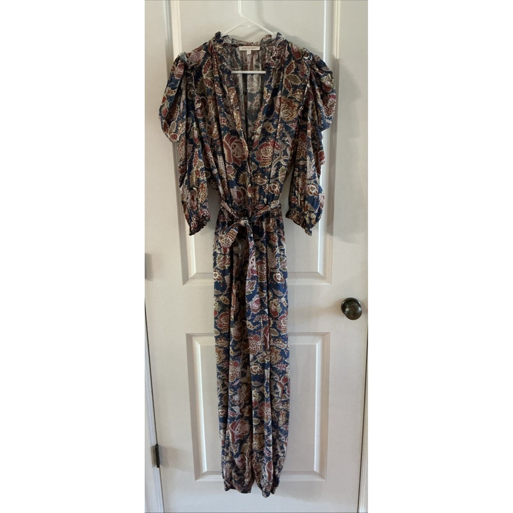 Love The Label Jumpsuit Size S Blue‎ Floral Puff Sleeve Boho Cottage Tie Waist